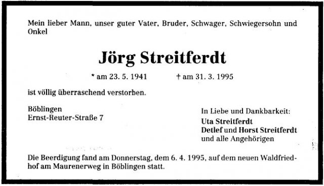 Streitferdt Joerg 1941-1995 Todesanzeige